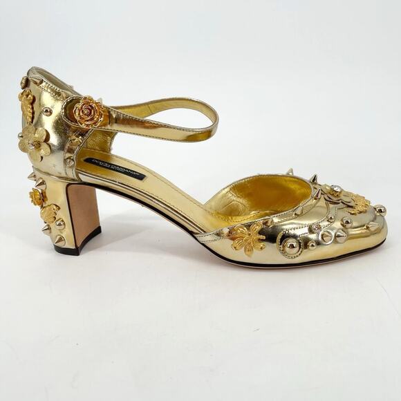 Dolce & Gabbana Metallic Gold Vally Flower Spike Studded Block Heel IT 39.5 - Picture 2 of 12